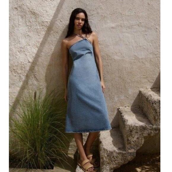 ZARA ASYMMETRIC DENIM MIDI DRESS BLUE Size Extra Small XS - Picture 1 of 11